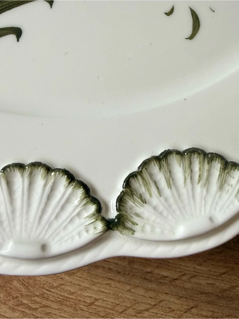 Vintage Cake Pedestal Stand Hand Painted Green Floral With Shell Edging Gorgeous